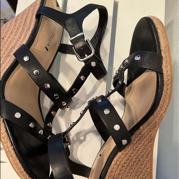 Via Spiga Studded Black Leather Espadrille Wedges Size US 9/EUR 39 silver studs - Picture 5 of 15
